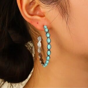 Western Turquoise Stone Oval Hoop Earrings (9711)